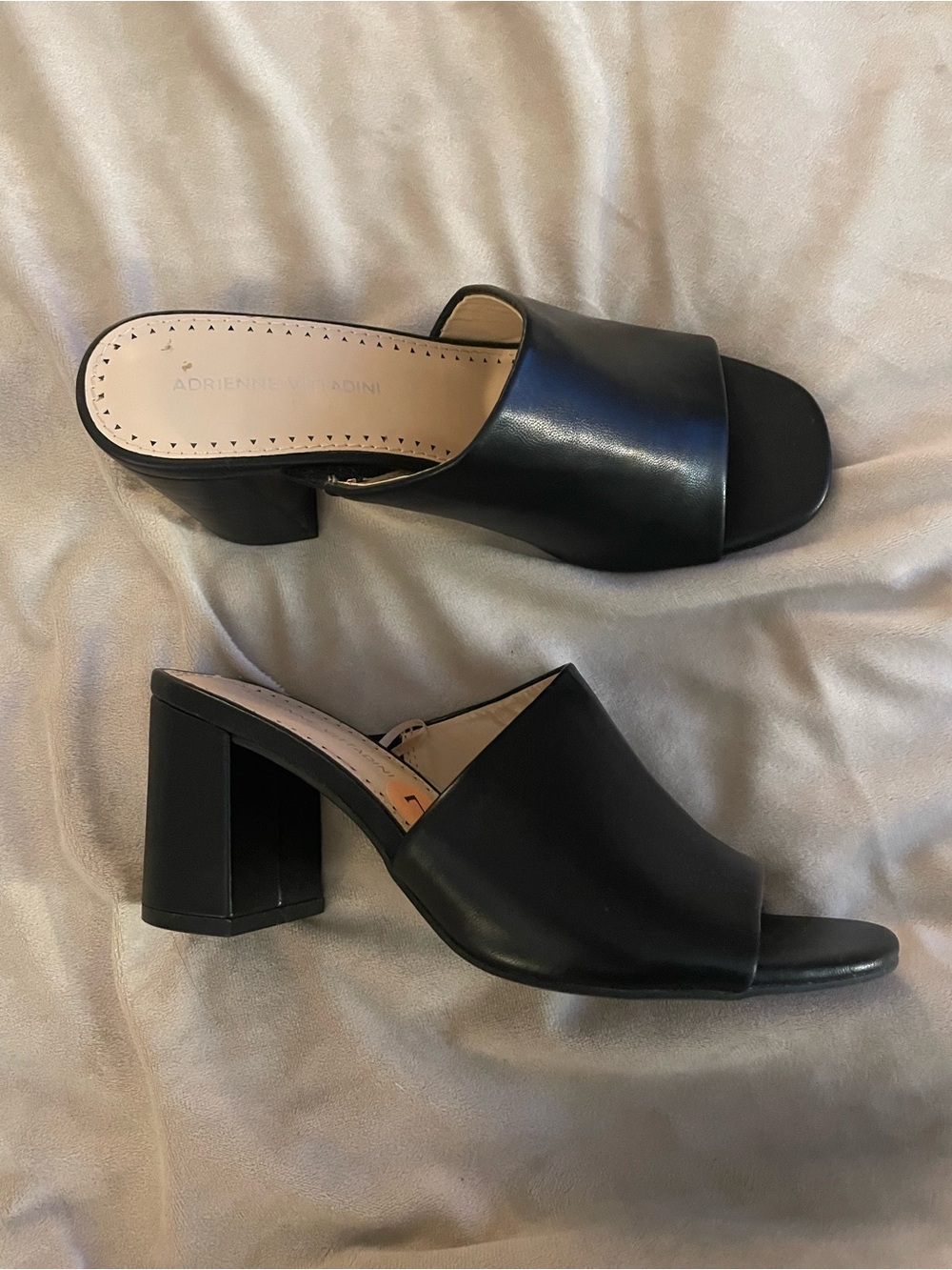 Adrienne Vittadini Black Leather Block Heel Mule Sandals